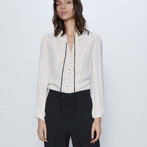 Zara Blouse With Contrasting Bow Long Sleeve